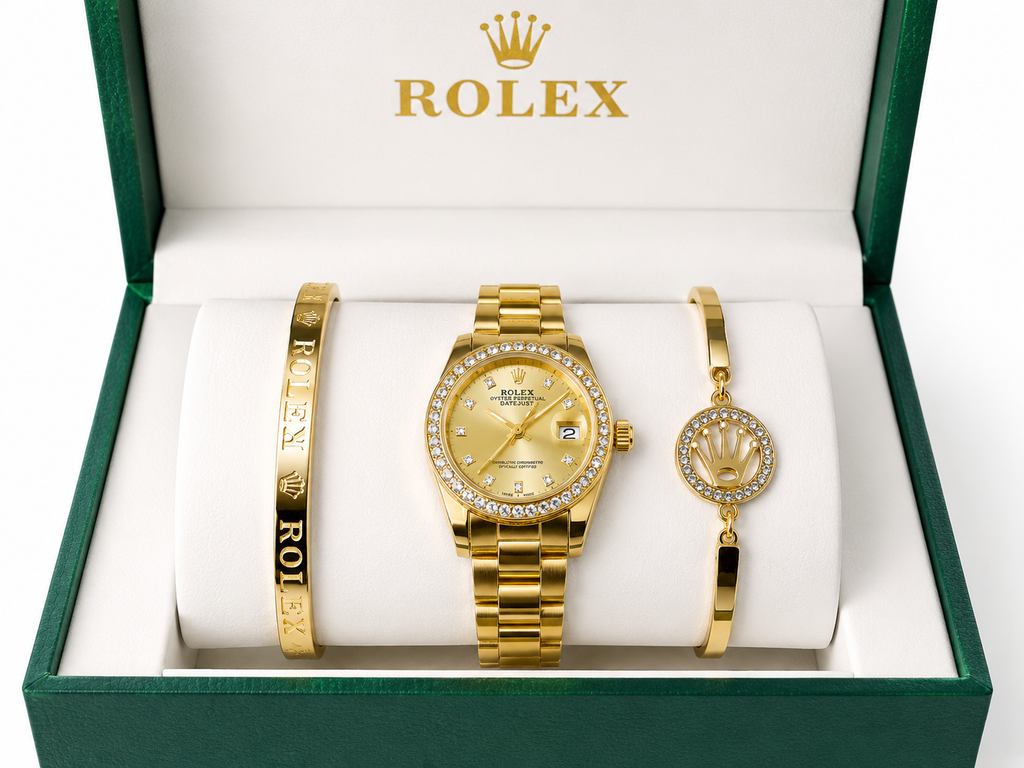 R.O.L.E.X Set de Reloj y Pulseras Doradas de Lujo