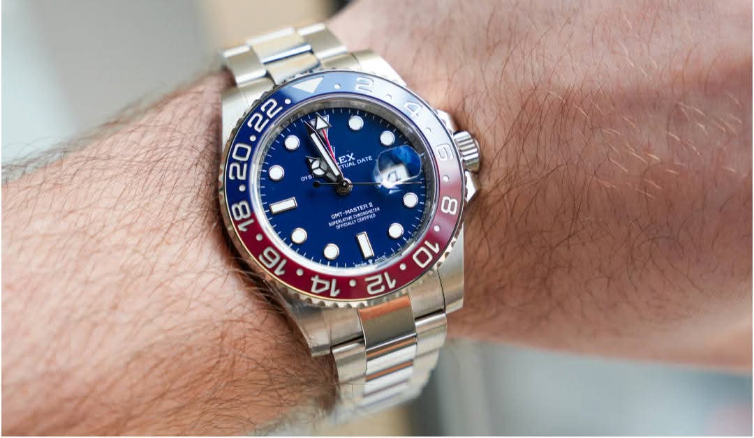 R.O.L.E.X. P.E.P.S.I Luxury GMT Style Watch – Dual Time Stainless Steel | Red & Blue Bezel Sport Edition