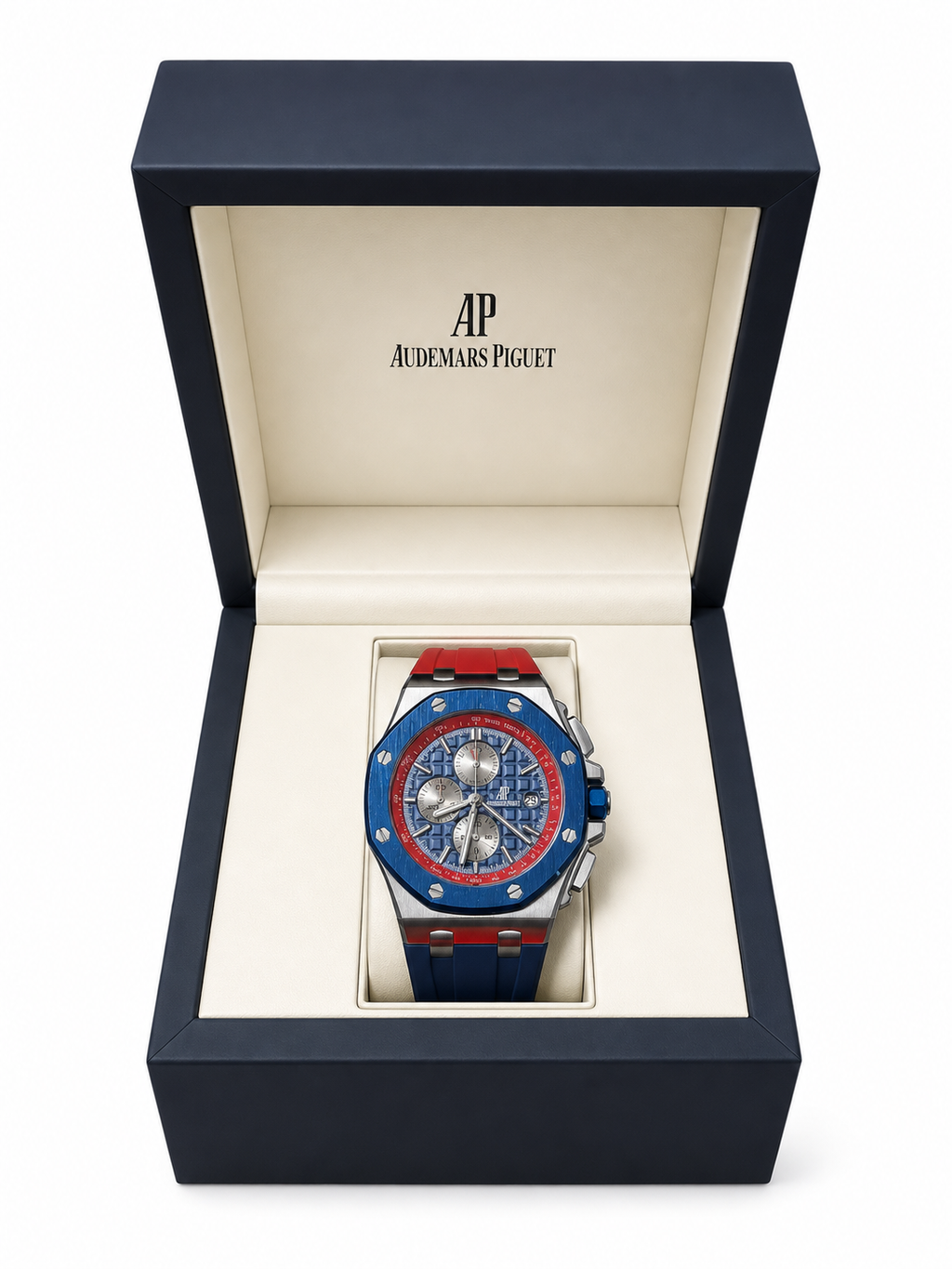 A.P Luxury Chronograph Sport Watch  – Stainless Steel Blue & Red | Premium Rubber Strap