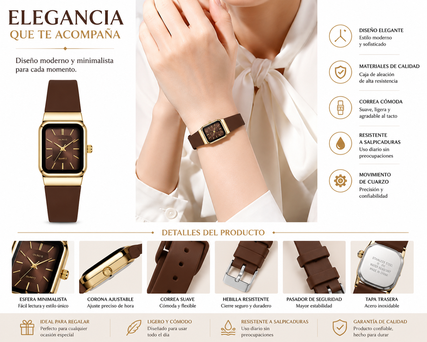 Reloj Elegante para Mujer con Correa Marrón y Caja Dorada – Diseño Minimalista de Cuarzo