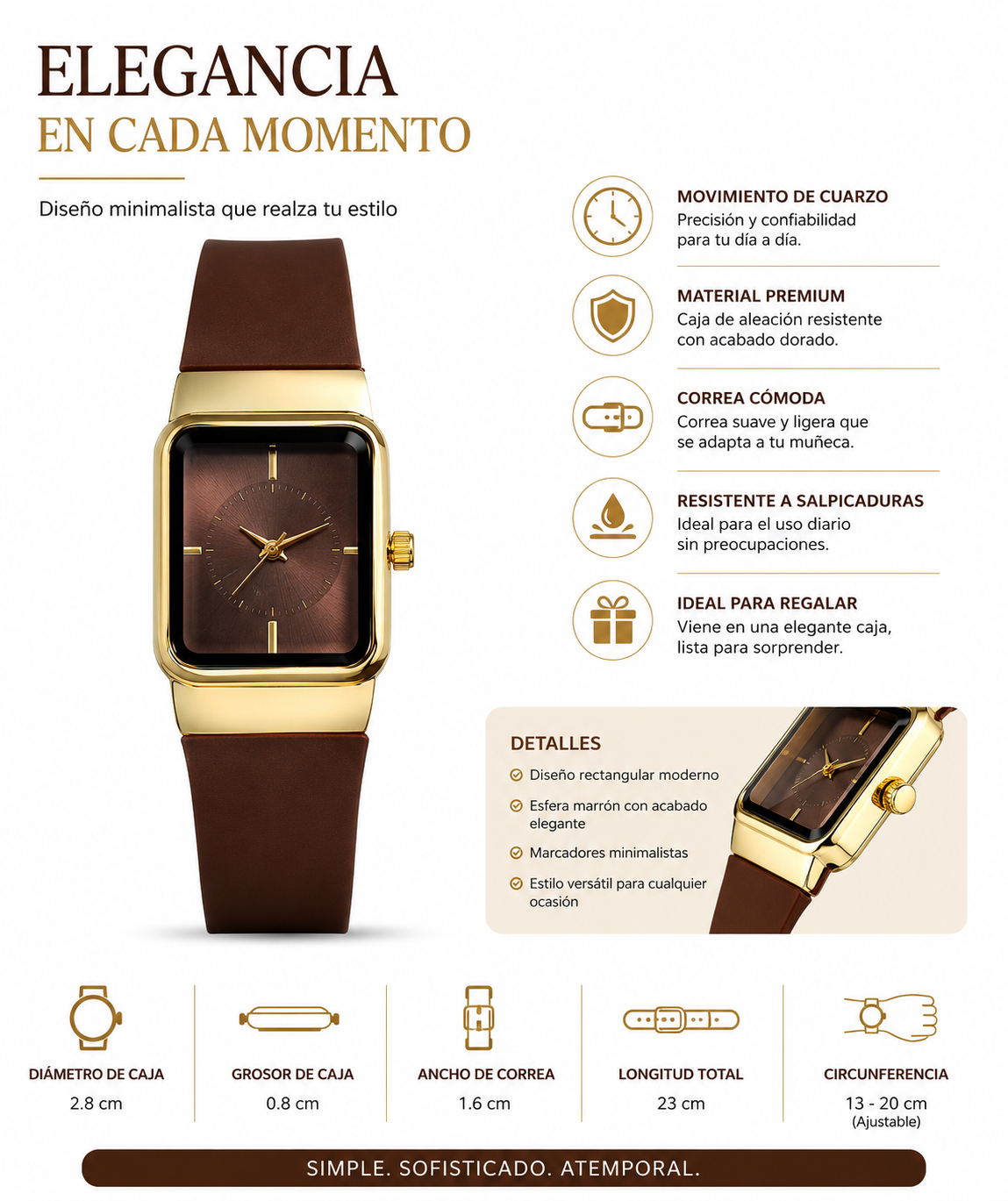 Reloj Elegante para Mujer con Correa Marrón y Caja Dorada – Diseño Minimalista de Cuarzo