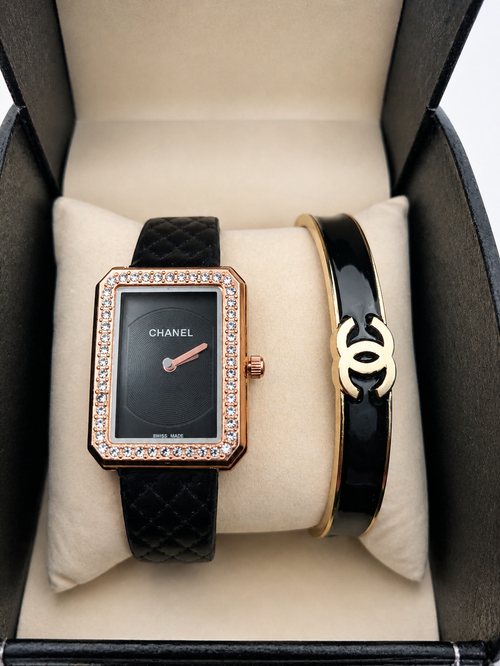 C.H.A.N.E.L 🖤 SET ELEGANTE RELOJ + PULSERA ESTILO LUJO – DISEÑO CLÁSICO FEMENINO
